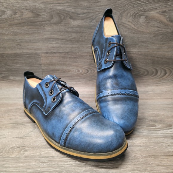 Kunsto Dress Shoes Blue Leather Cap Toe Oxford Brogue Formal Mens EU 43 US 10 - Picture 1 of 16